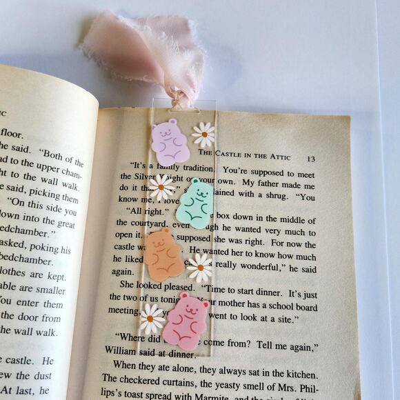 Gummy Bear Print Funny Bookmark Ribbon Bow Clear Acrylic Coquette Bookish Gift - Picture 3 of 13